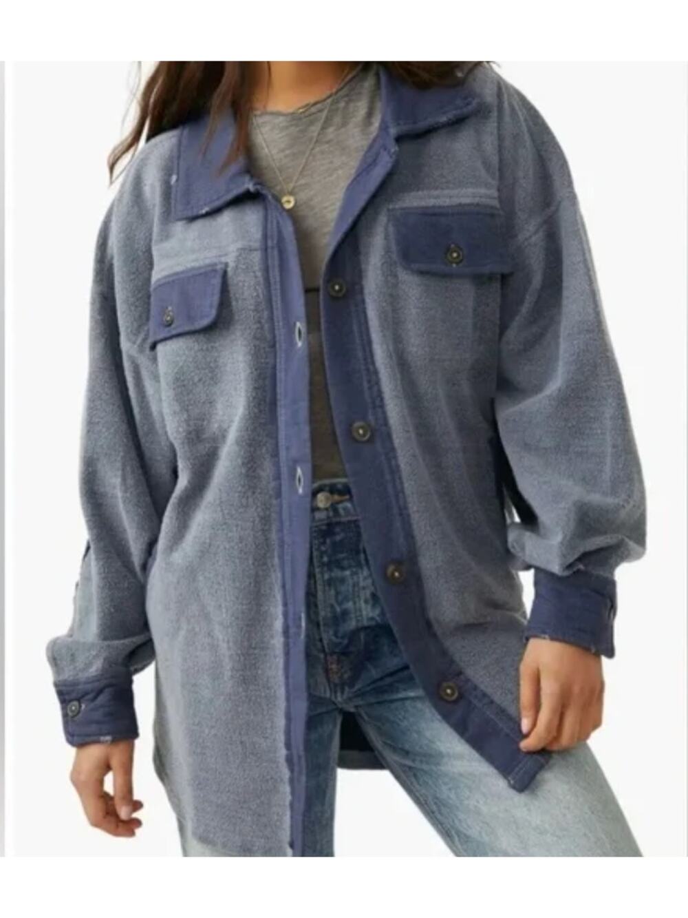 Free People Women's Ruby Fleece Distressed Shirt Jacket Shacket Oceana Blue SZ M - Picture 1 of 13